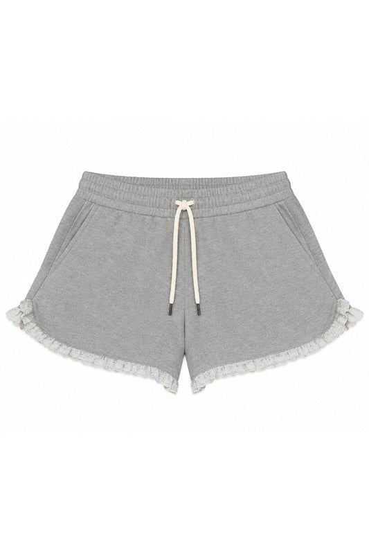KATIE J NYC LANDEN LACE TRIMMED FLEECE SWEAT SHORTS LIGHT HEATHER GREY
