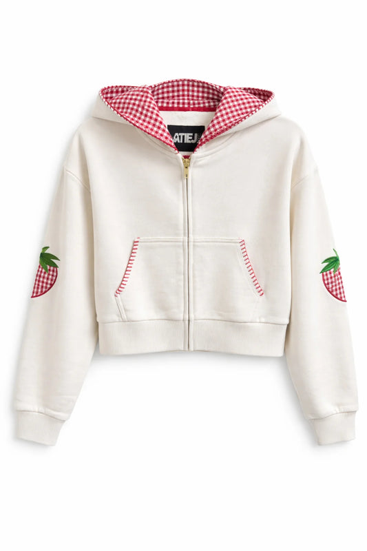 KATIE J NYC - BG - TWEEN LEAH CROPPED ZIP UP APPLIQUE SWEATSHIRT - VINTAGE WHITE/STRAWBERRY