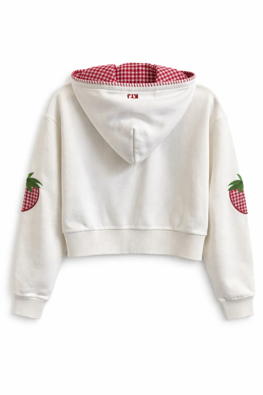 KATIE J NYC - BG - TWEEN LEAH CROPPED ZIP UP APPLIQUE SWEATSHIRT - VINTAGE WHITE/STRAWBERRY
