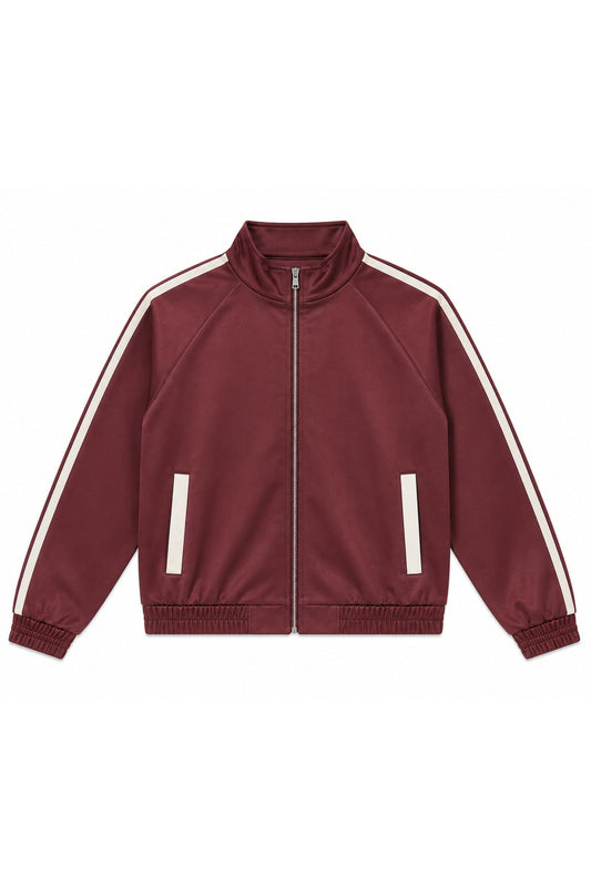 KATIE J NYC LENI SATIN TRACK JACKET BURGUNDY VINTAGE WHITE