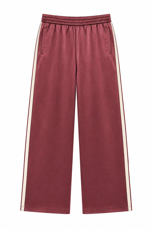 KATIE J NYC LENI SATIN TRACK PANT BURGUNDY VINTAGE WHITE