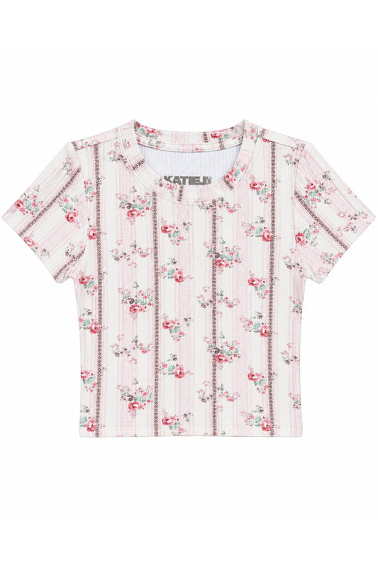 KATIE J NYC LIVI RIBBED PRINTED TEE ROSE FLORAL STRIPE