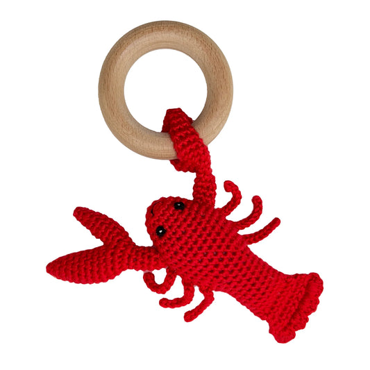 PETIT AMI & ZUBELS - T&B - LOBSTER BAMBOO CROCHET WOODRING RATTLE 5"