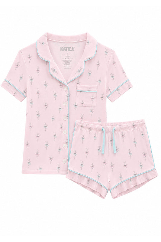 KATIE J NYC LYNN PRINTED LOUNGE SHORT SET BABY PINK BALLERINAS