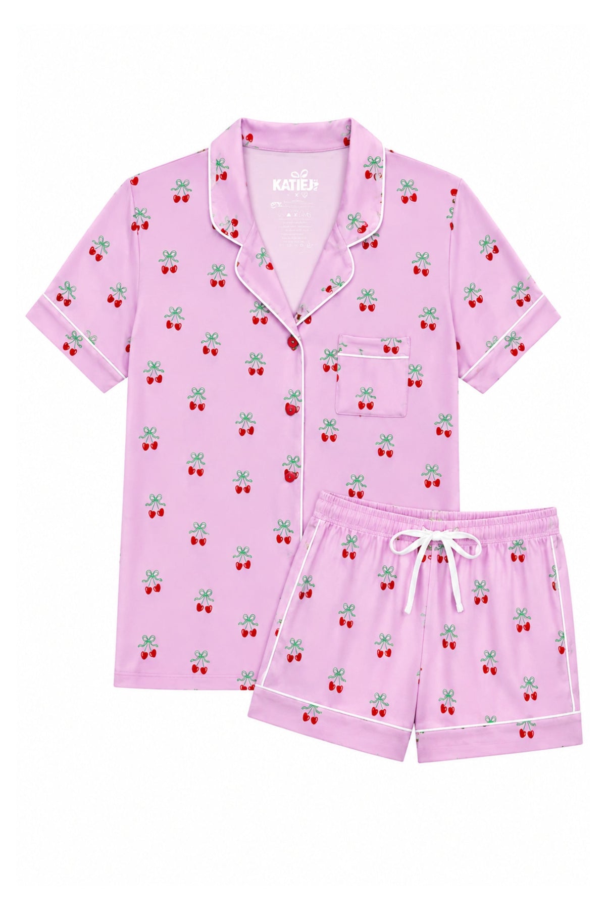 KATIE J NYC LYNN PRINTED LOUNGE SHORT SET CHERRY BOW