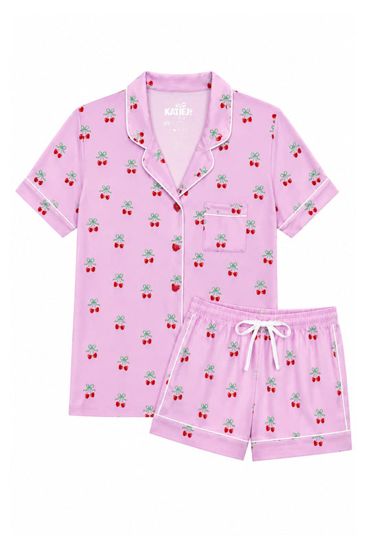 KATIE J NYC LYNN PRINTED LOUNGE SHORT SET CHERRY BOW