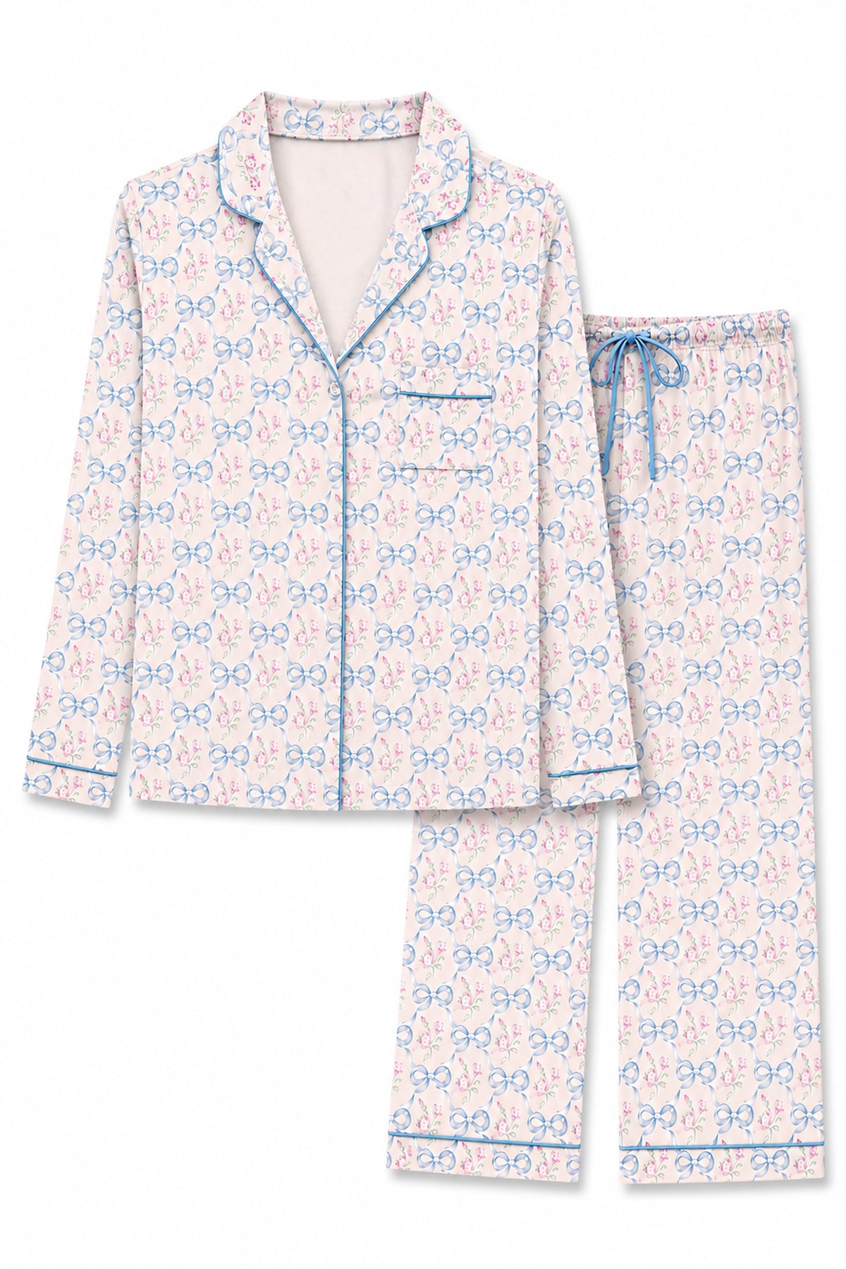 KATIE J NYC MAIA PRINTED LOUNGE PANT SET BLUE BOWS