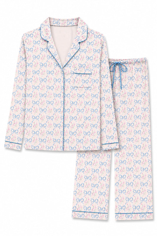 KATIE J NYC MAIA PRINTED LOUNGE PANT SET BLUE BOWS