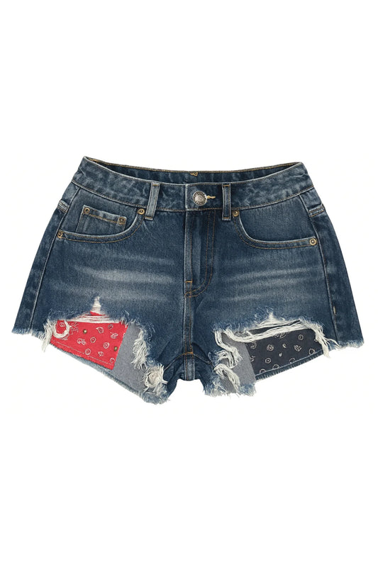 KATIE J NYC - BG - TWEEN MALIBU DENIM SHORTS PRINTED POCKET - CLASSIC RED BANDANA