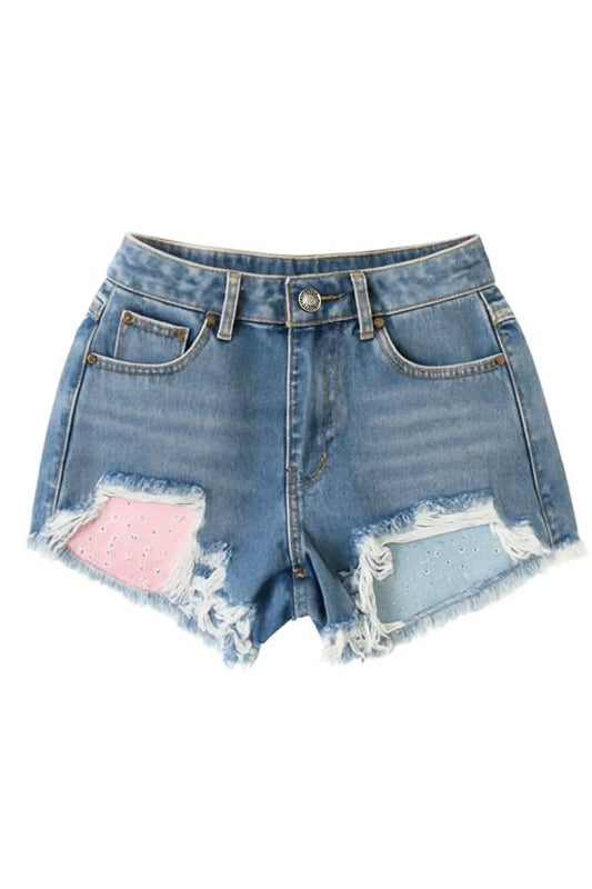 KATIE J NYC - BG - TWEEN MALIBU DENIM SHORTS PRINTED POCKET - PASTEL BANDANA