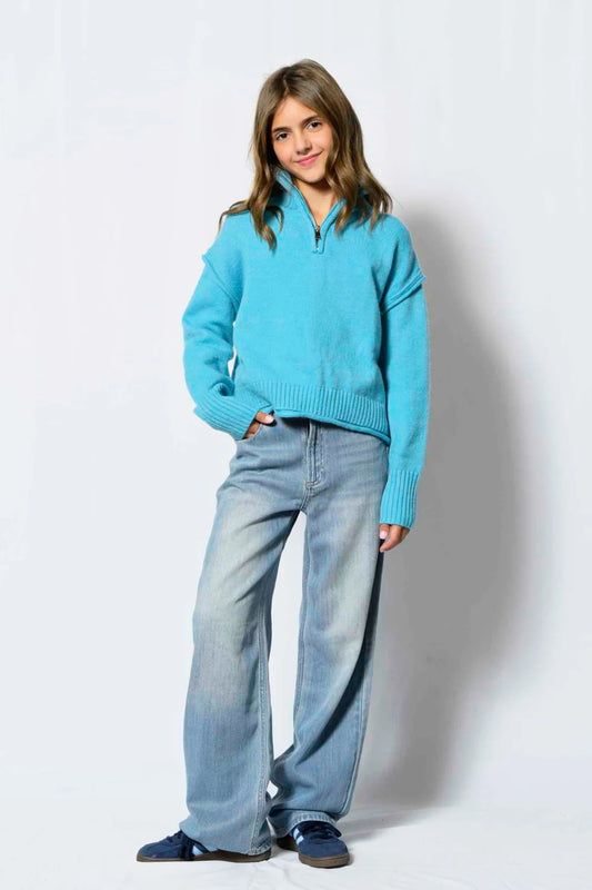 KATIE J - BG - TWEEN MARISSA QUARTER ZIP SWEATER - TURQUOISE