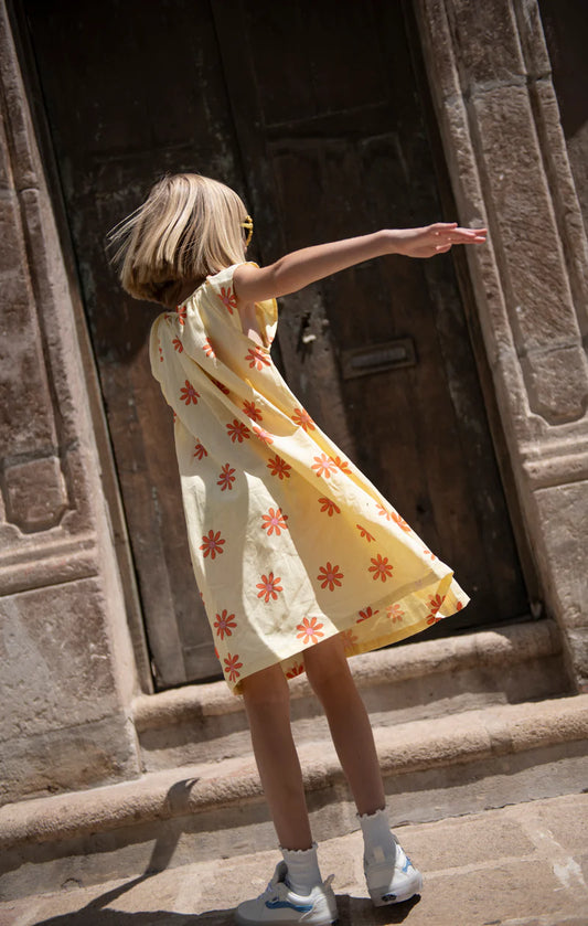 MON COEUR - TG - LINEN FLOWER POWER FLUTTER SLEEVE DRESS - YELLOW