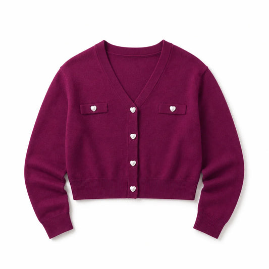 THEME - BG - MICKEY SWEATER CARDIGAN - PLUM WITH HEART PEARL BUTTONS