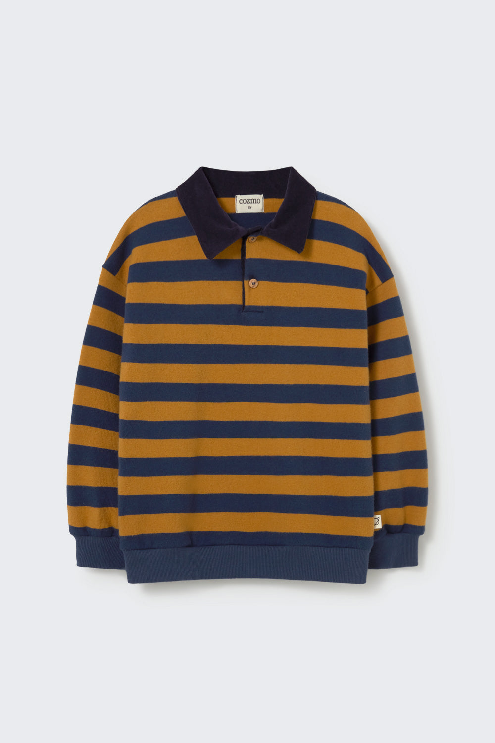 COZMO - TB - STRIPED BRUSHED SOFT KNIT POLO SWEATER - NAVY BISCUIT