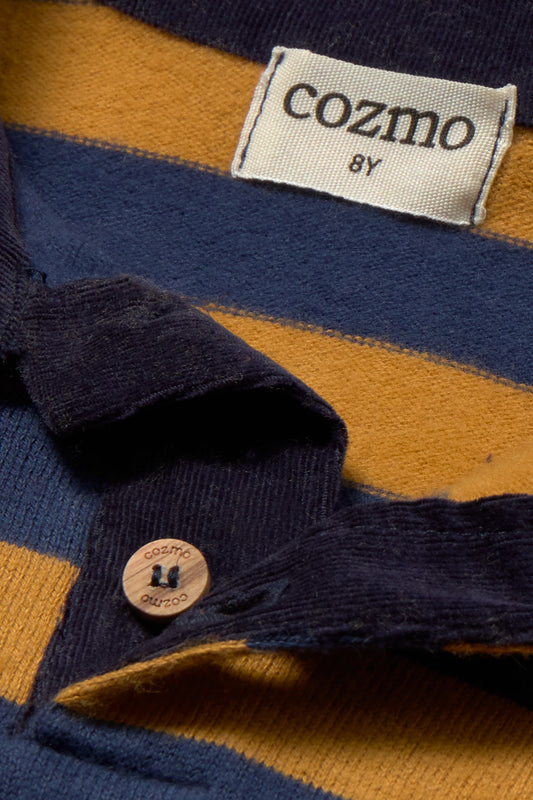 COZMO - TB - STRIPED BRUSHED SOFT KNIT POLO SWEATER - NAVY BISCUIT
