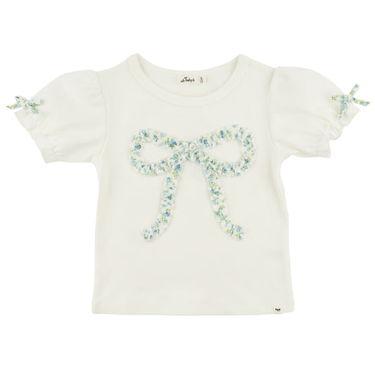 OH BABY! - TG - SKY BLUE POPPY SPRIG RUFFLE BOW LAYLA TEE - OYSTER