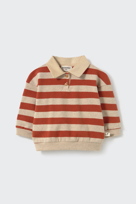 COZMO - BBY - STRIPED BRUSHED SOFT KNIT POLO SWEATER - GINGER STONE