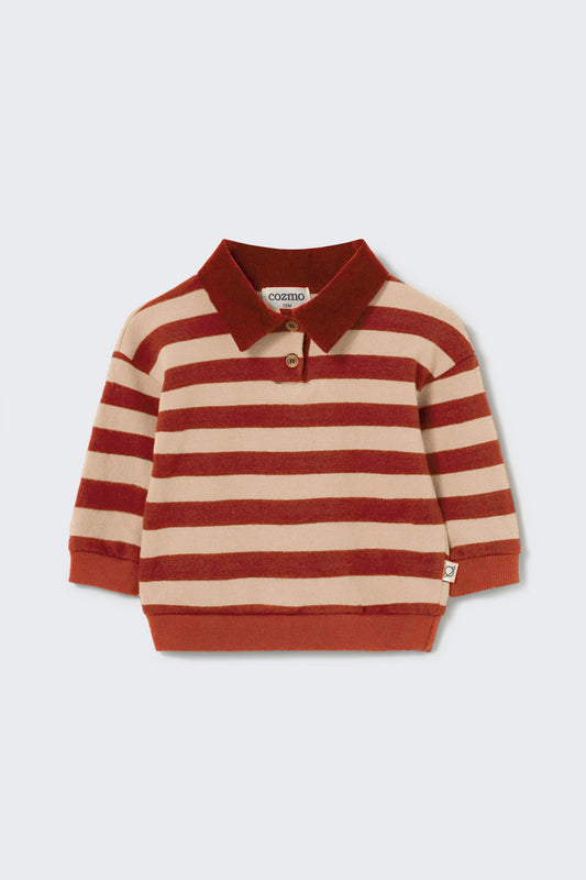 COZMO - BBY - STRIPED BRUSHED SOFT KNIT POLO SWEATER - GINGER STONE