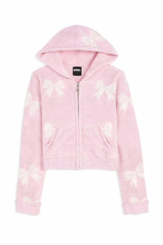 KATIE J NYC PARKER COMFY ZIP HOODIE INTARSIA BABY PINK VINTAGE WHITE BOWS