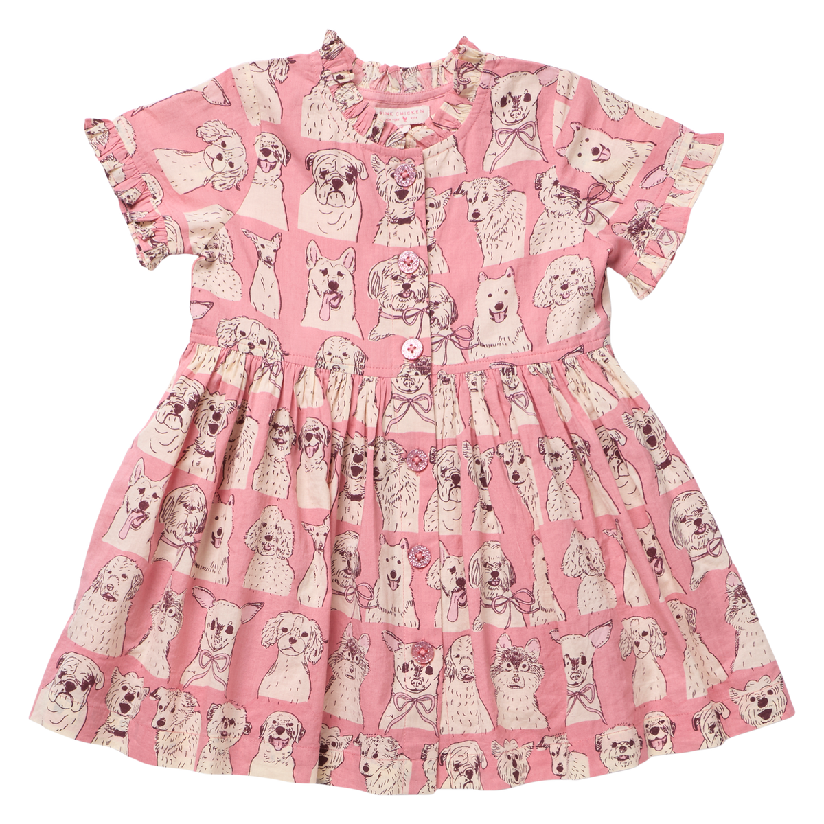 PINK CHICKEN - GIRLS AUTUMN DRESS - PINK SKETCHED DOGS