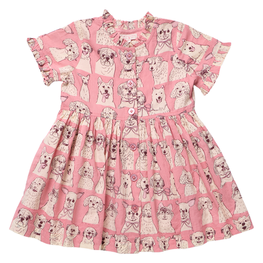 PINK CHICKEN - GIRLS AUTUMN DRESS - PINK SKETCHED DOGS