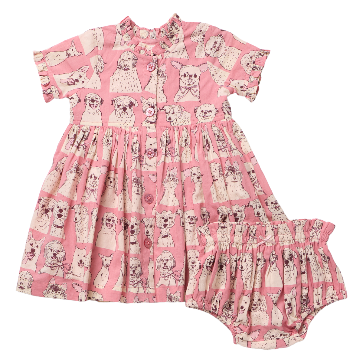 PINK CHICKEN - BABY GIRLS AUTUMN DRESS SET - PINK SKETCHED DOGS