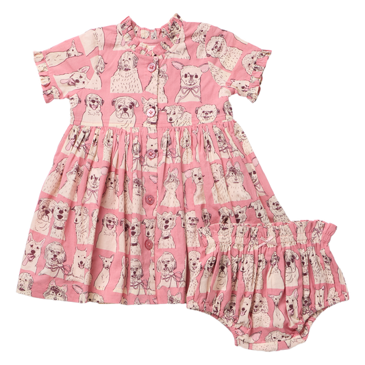 PINK CHICKEN - BABY GIRLS AUTUMN DRESS SET - PINK SKETCHED DOGS