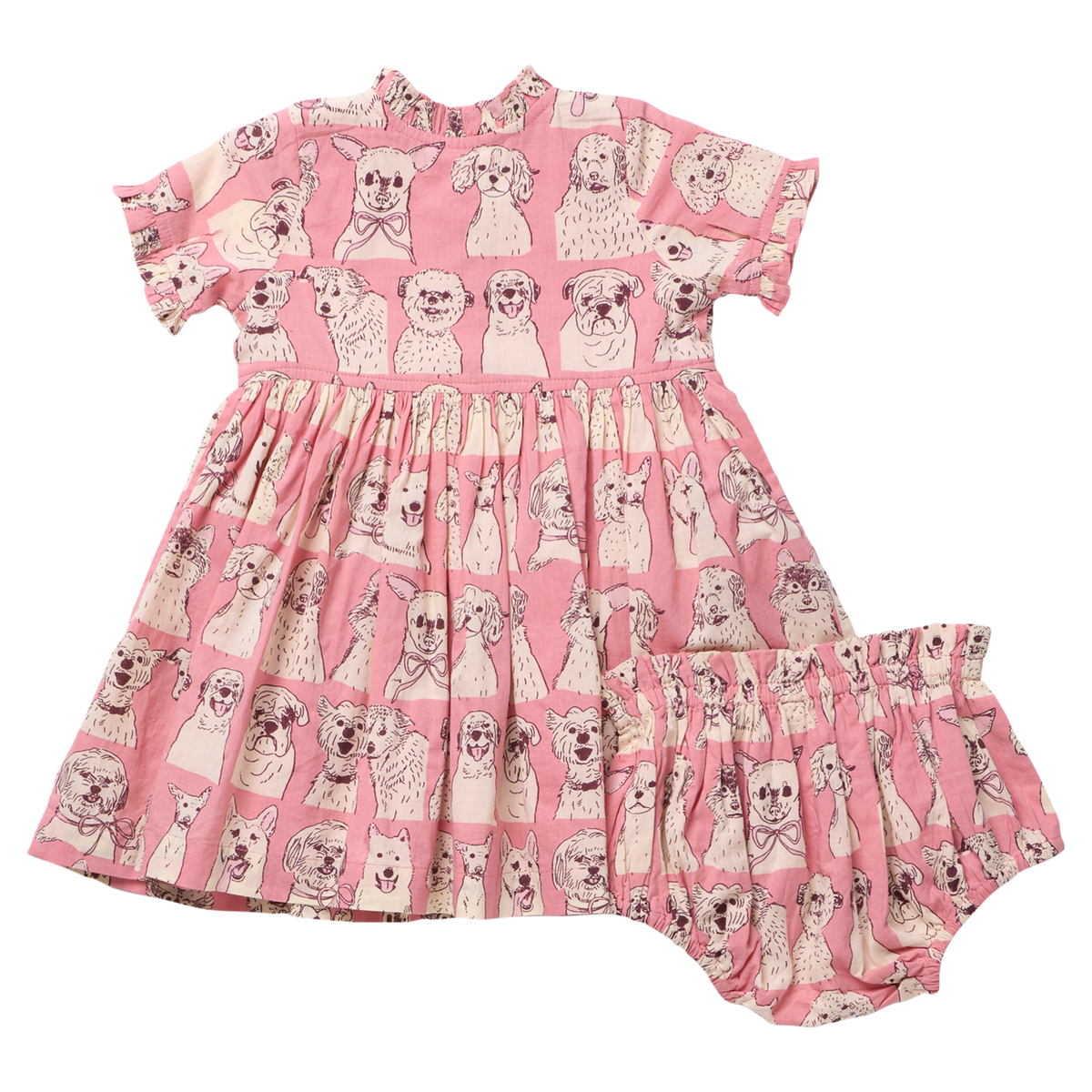 PINK CHICKEN - BABY GIRLS AUTUMN DRESS SET - PINK SKETCHED DOGS