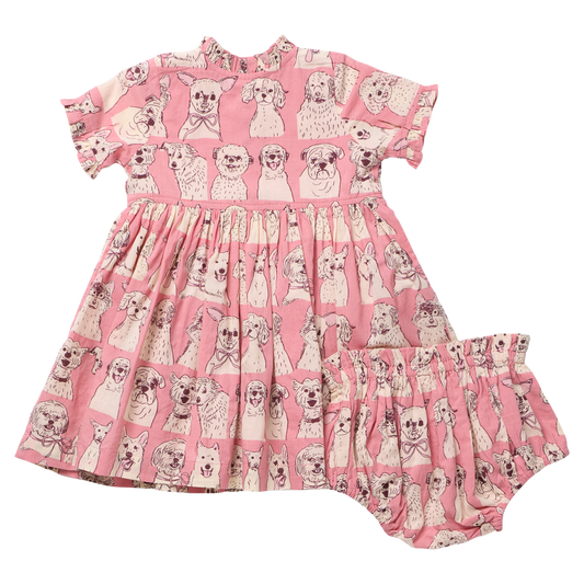 PINK CHICKEN - BABY GIRLS AUTUMN DRESS SET - PINK SKETCHED DOGS