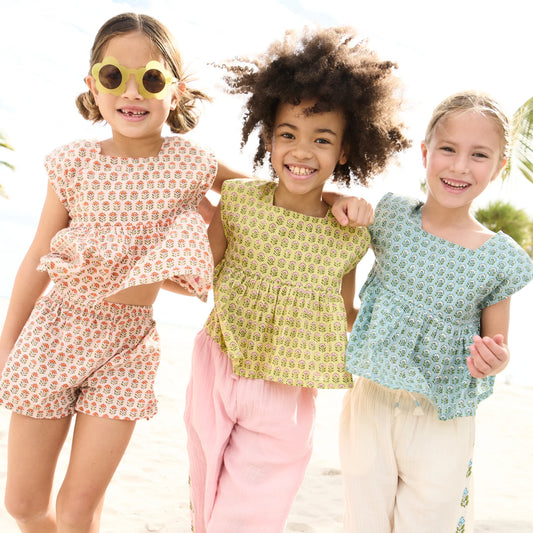 PINK CHICKEN - TG - GIRLS KAMARI TOP - GREEN PRAIRIE BLOCK PRINT
