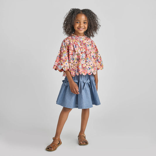 PINK CHICKEN - BG - GIRLS SCALLOP MISHA TOP - BURGUNDY SKETCHED FLORAL