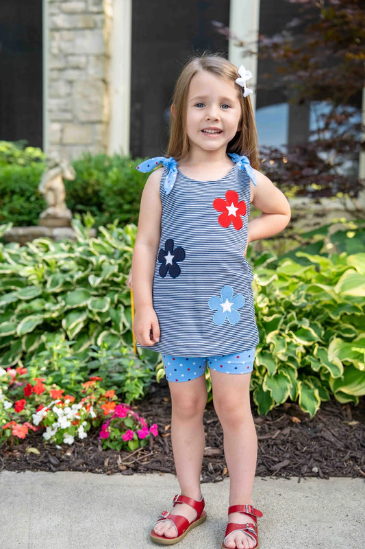 FLORENCE EISEMAN - TG - STRIPE KNIT SHORT SET WITH FLOWERS & STARS  - NAVY