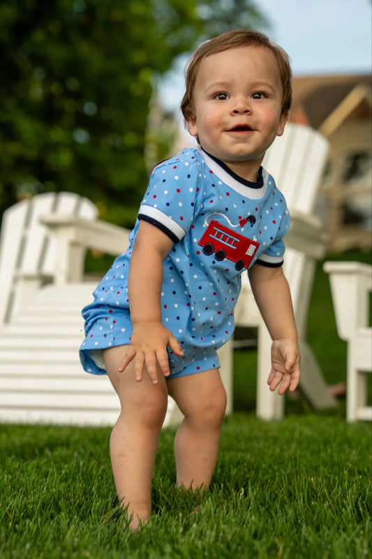 FLORENCE EISEMAN - BBY - PRINTED KNIT SHORTALL WITH FIRETRUCK  - LIGHT BLUE
