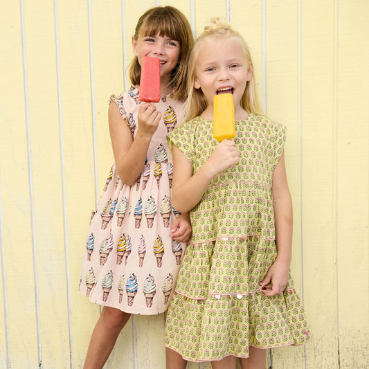 PINK CHICKEN - BG - GIRLS PEACHY DRESS - GREEN PRAIRIE BLOCK PRINT