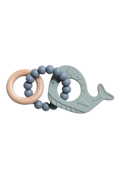 Whale Rattle with Silicone Teether - Slate