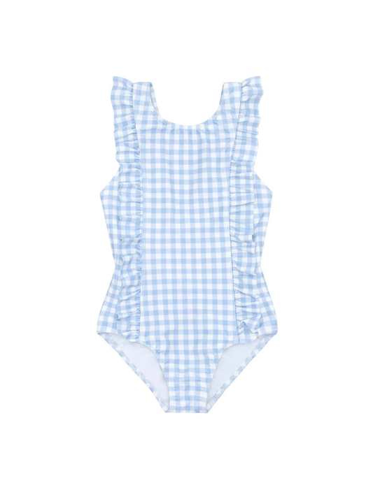 MINNOW - BG - GIRLS OASIS BLUE GINGHAM RUFFLE ONE PIECE - BLUE GINGHAM