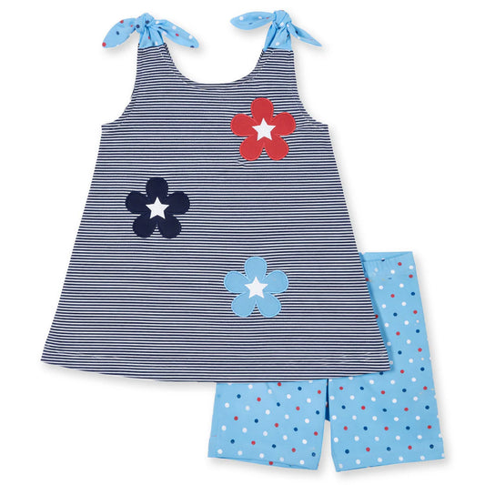FLORENCE EISEMAN - TG - STRIPE KNIT SHORT SET WITH FLOWERS & STARS  - NAVY
