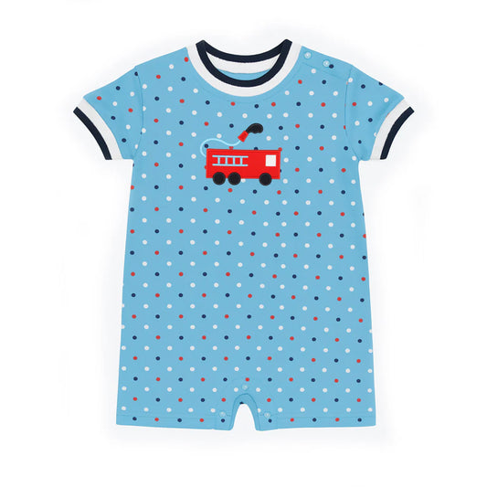 FLORENCE EISEMAN - BBY - PRINTED KNIT SHORTALL WITH FIRETRUCK  - LIGHT BLUE