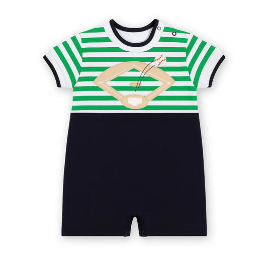 FLORENCE EISEMAN - BBY - STRIPE KNIT SHORTALL WITH BASEBALL FIELD  - GREEN/NAVY