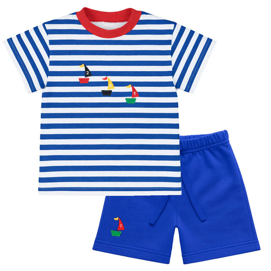 FLORENCE EISEMAN - TB - KNIT SHORT SET WITH SAILBOATS  - BLUE