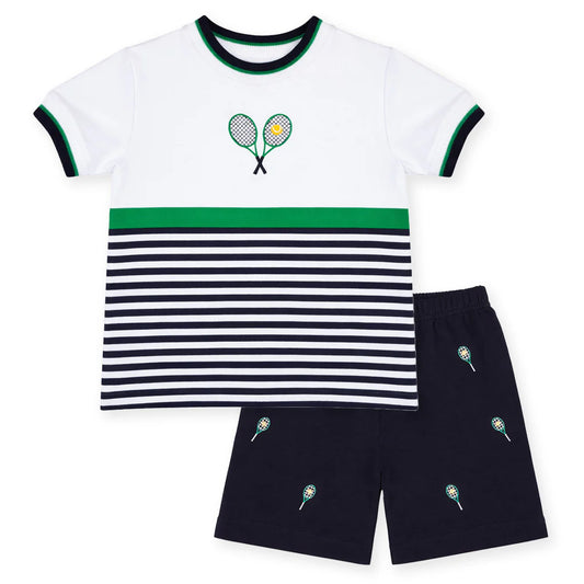 FLORENCE EISEMAN - TB - KNIT SHORT SET W/TENNIS RACKETS  - NAVY/WHITE