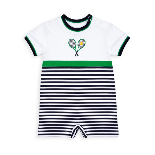 FLORENCE EISEMAN - BBY - STRIPE KNIT SHORTALL W/TENNIS RACKETS  - NAVY/WHITE