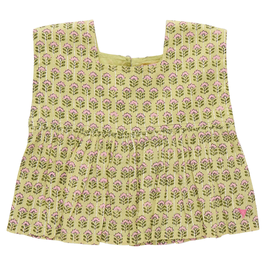 PINK CHICKEN - BG - GIRLS KAMARI TOP - GREEN PRAIRIE BLOCK PRINT