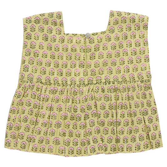 PINK CHICKEN - BG - GIRLS KAMARI TOP - GREEN PRAIRIE BLOCK PRINT