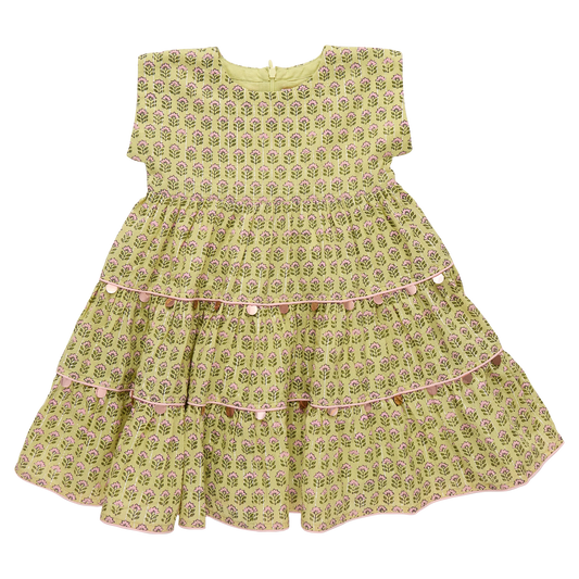 PINK CHICKEN - BG - GIRLS PEACHY DRESS - GREEN PRAIRIE BLOCK PRINT