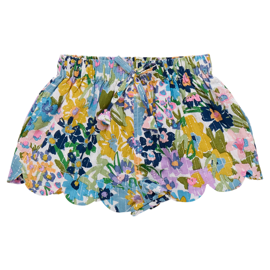 PINK CHICKEN - BG - GIRLS SCALLOP SHORT - BLUE LARGE SKETCHED FLORAL