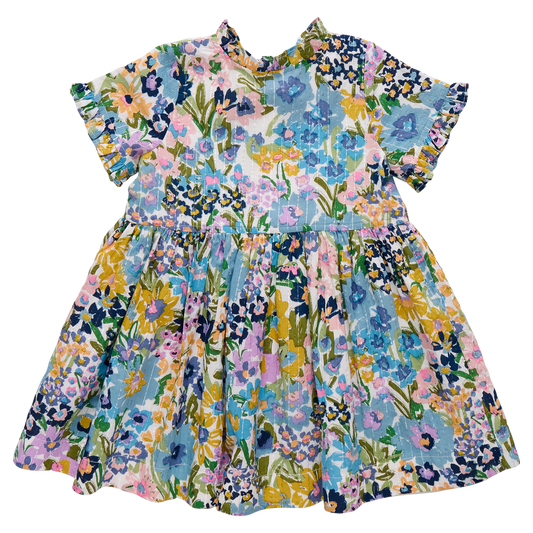 PINK CHICKEN - TG - GIRLS AUTUMN DRESS - BLUE LARGE SKETCHED FLORAL