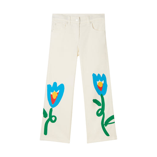 STELLA MCCARTNEY KIDS - TG - GIRL GABARDINE PANTS WITH FLOWER GRAPHIC  - WHITE
