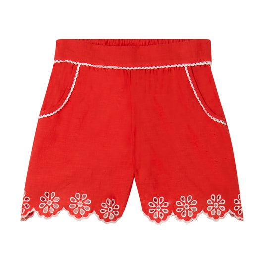 STELLA MCCARTNEY KIDS - BG - GIRL LINEN SHORTS WITH FLOWER EMBRO  - ORANGE RED
