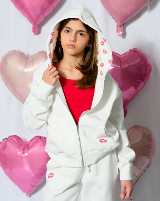 Katie J NYC - BG - CODY ZIP HOODIE - VINTAGE WHITE W/LIPS